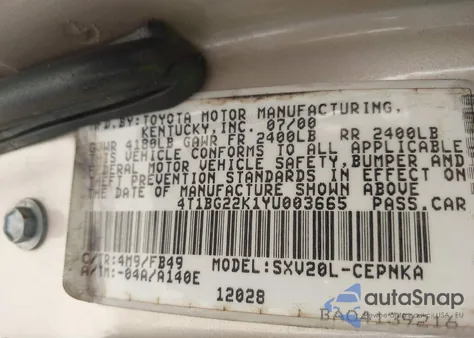 2000 Toyota Camry Le из США, поврежденный, VIN 4T1BG22K1YU003665